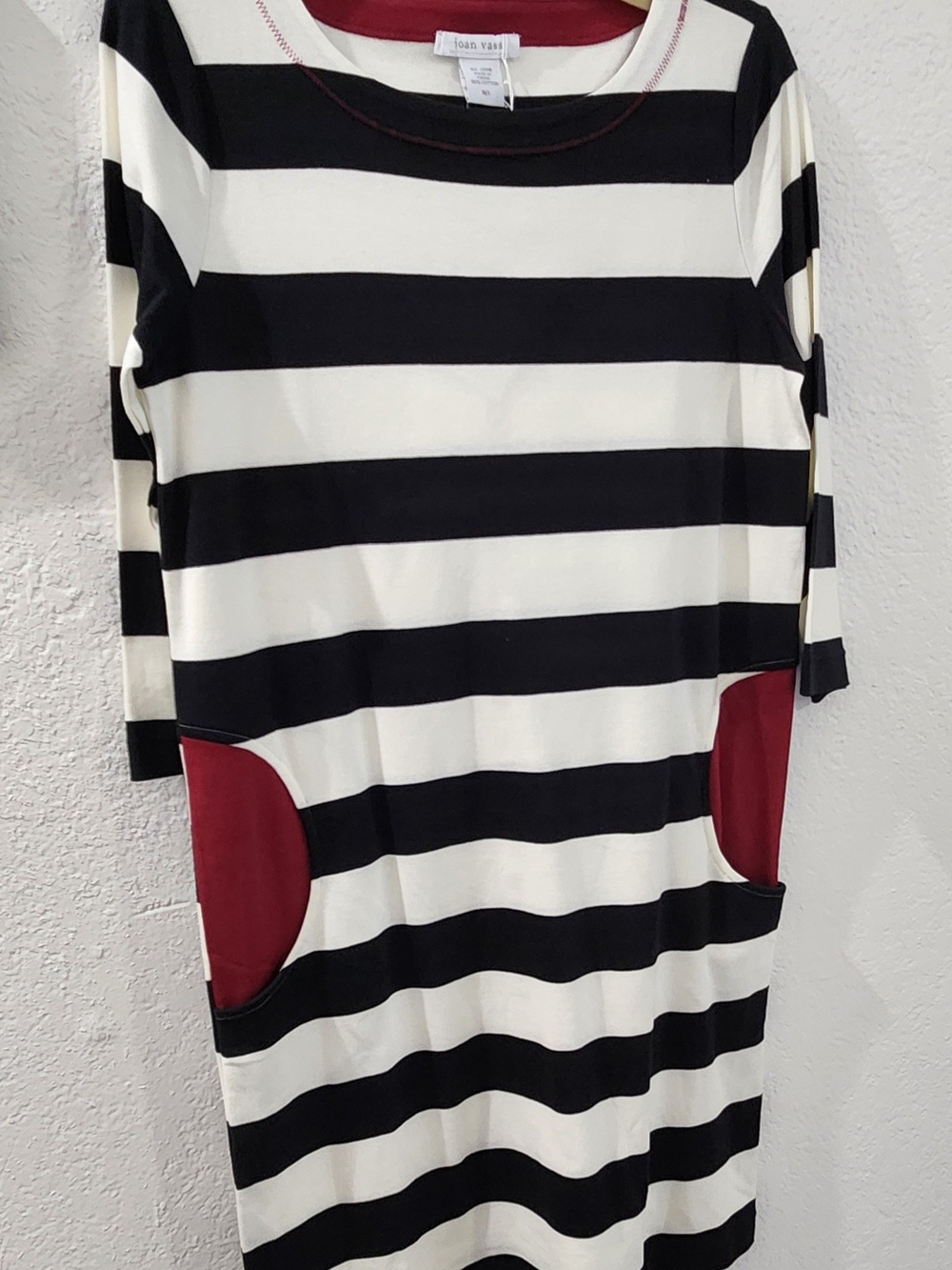 Joan Vass Black & Ivory Striped Dress with Burgundy Pocket Accents